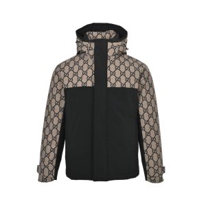 Gucci Double G Monogram Hooded Bomber Down Jacket- Black