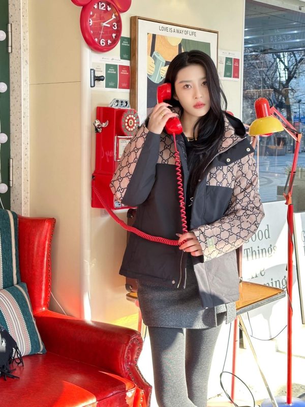 Gucci Double G Monogram Hooded Bomber Down Jacket- Black