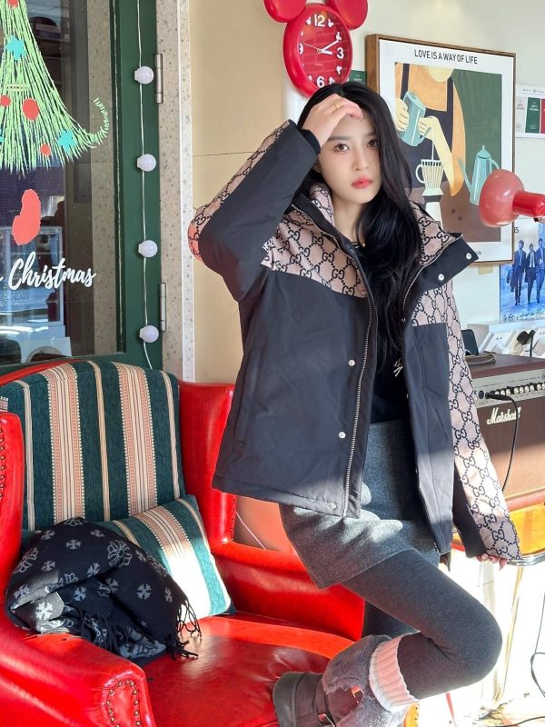 Gucci Double G Monogram Hooded Bomber Down Jacket- Black