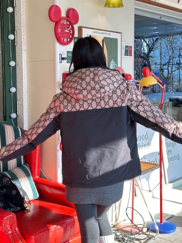 Gucci Double G Monogram Hooded Bomber Down Jacket- Black