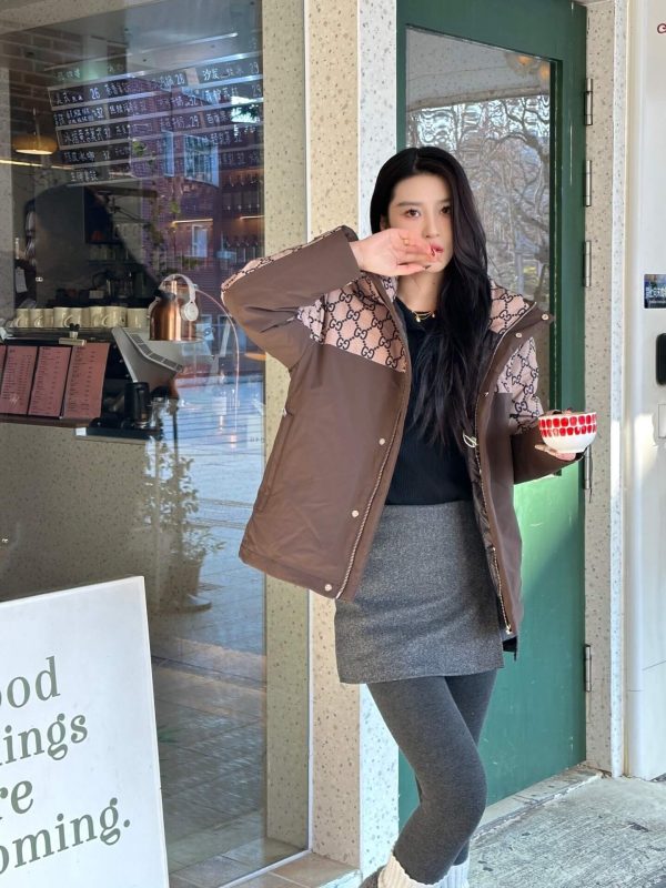 Gucci Double G Monogram Hooded Bomber Down Jacket- Dark Blue (3) Gucci Double G Monogram Hooded Bomber Down Jacket- Dark Blue