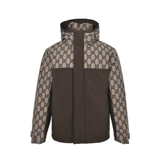 Gucci Double G Monogram Hooded Bomber Down Jacket- Dark Blue