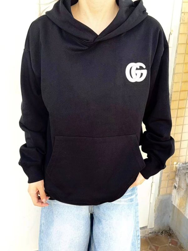 Gucci Interlocking G-patch Drawstring Hoodie- Black (1) Gucci Interlocking G-patch Drawstring Hoodie- Black