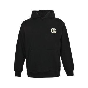 Gucci Interlocking G-patch Drawstring Hoodie- Black