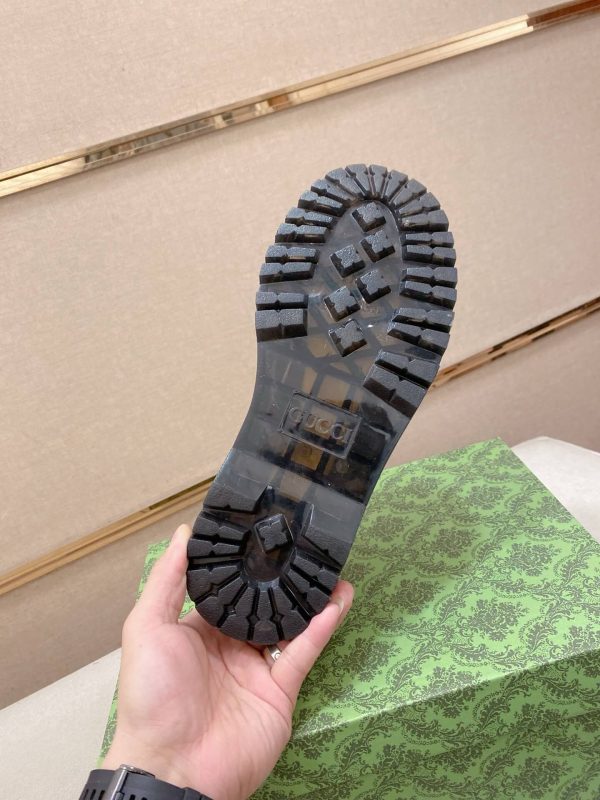 Gucci leather canvas platform derby shoes. (2) Gucci leather canvas platform derby shoes.