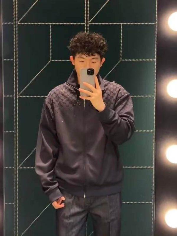 Gucci monogram-patterned crystal zip-up sweatshirt- Black