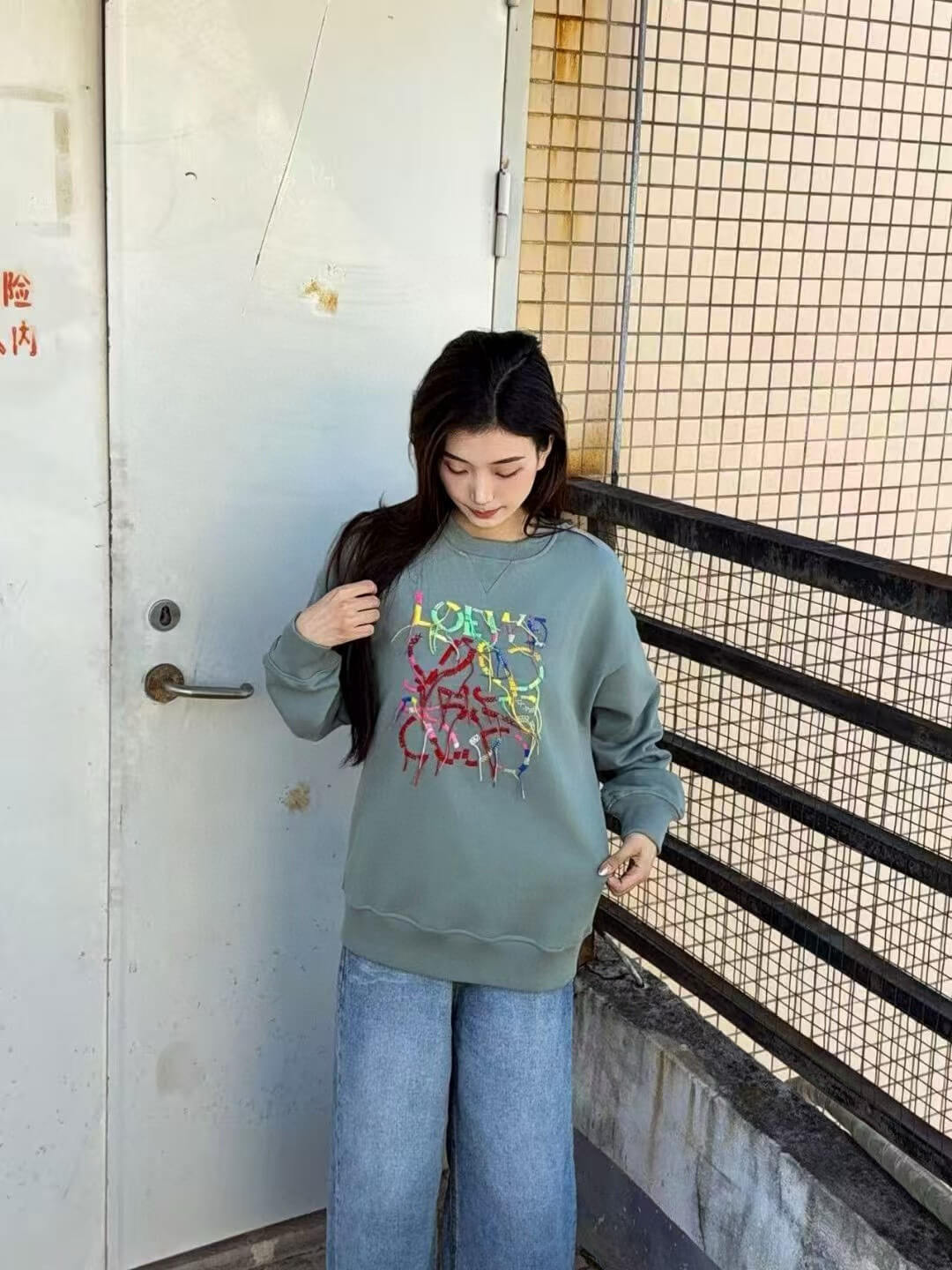 Loewe Anagram Tassel Color Block Crew Neck Sweatshirt- Green 5 Loewe Anagram Tassel Color Block Crew Neck Sweatshirt- Green - Image 5