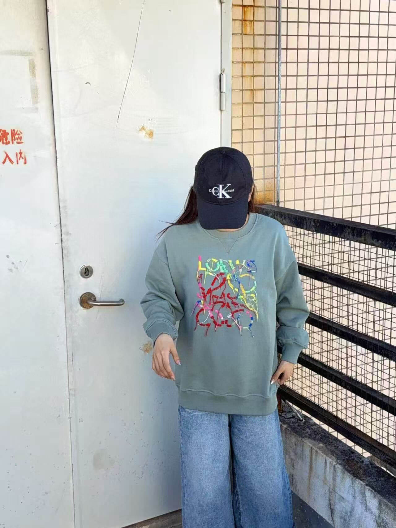 Loewe Anagram Tassel Color Block Crew Neck Sweatshirt- Green 2 Loewe Anagram Tassel Color Block Crew Neck Sweatshirt- Green - Image 2