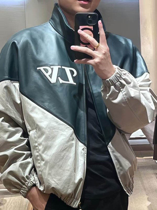 Louis Vuitton Graphic Leather Mix Tracktop- Grey-Green (2) Louis Vuitton Graphic Leather Mix Tracktop Jacket- Grey-Green