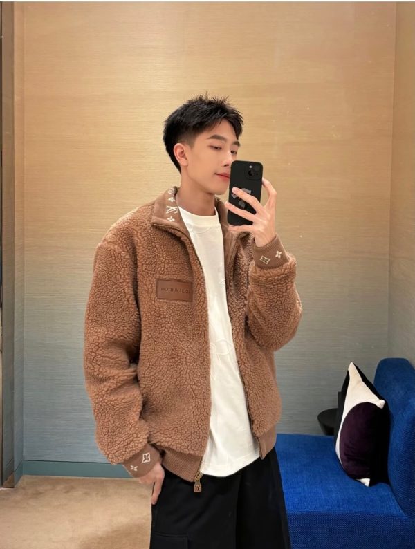 Louis Vuitton Leather Patch Fleece Blouson Jacket- Brown (2) Louis Vuitton Leather Patch Fleece Blouson Jacket- Brown