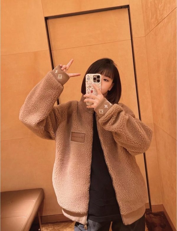 Louis Vuitton Leather Patch Fleece Blouson Jacket- Brown (5) Louis Vuitton Leather Patch Fleece Blouson Jacket- Brown