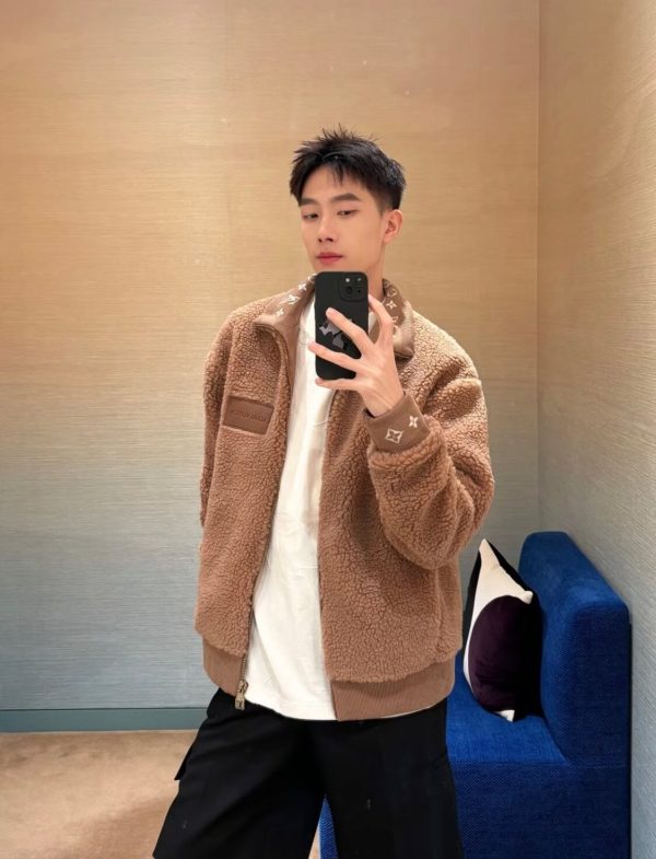 Louis Vuitton Leather Patch Fleece Blouson Jacket- Brown (6) Louis Vuitton Leather Patch Fleece Blouson Jacket- Brown