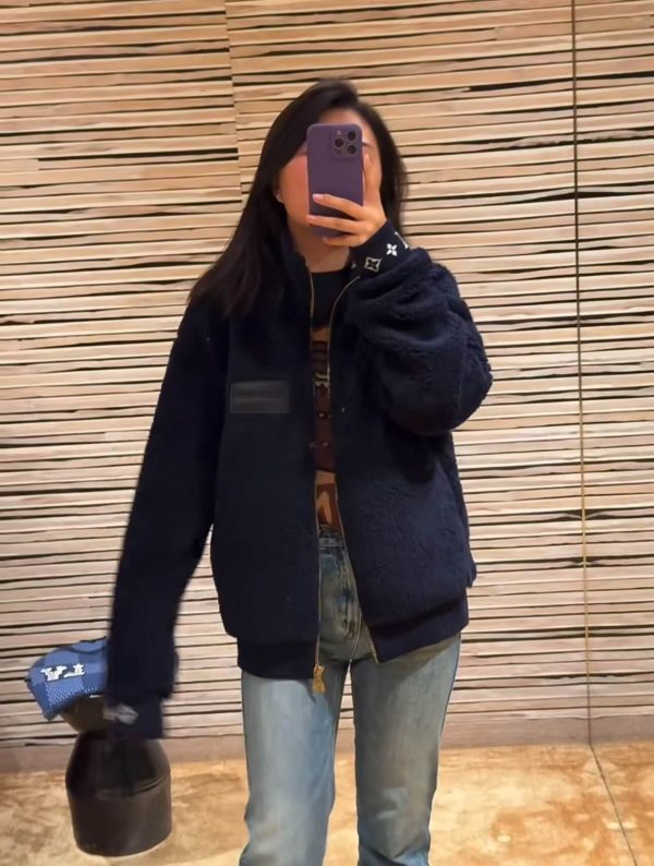 Louis Vuitton Leather Patch Fleece Blouson Jacket- Navy Blue