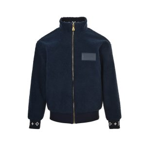 Louis Vuitton Leather Patch Fleece Blouson Jacket- Navy Blue