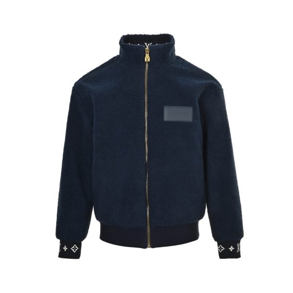 Louis Vuitton Leather Patch Fleece Blouson Jacket- Navy Blue