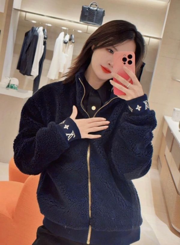 Louis Vuitton Leather Patch Fleece Blouson Jacket- Navy Blue