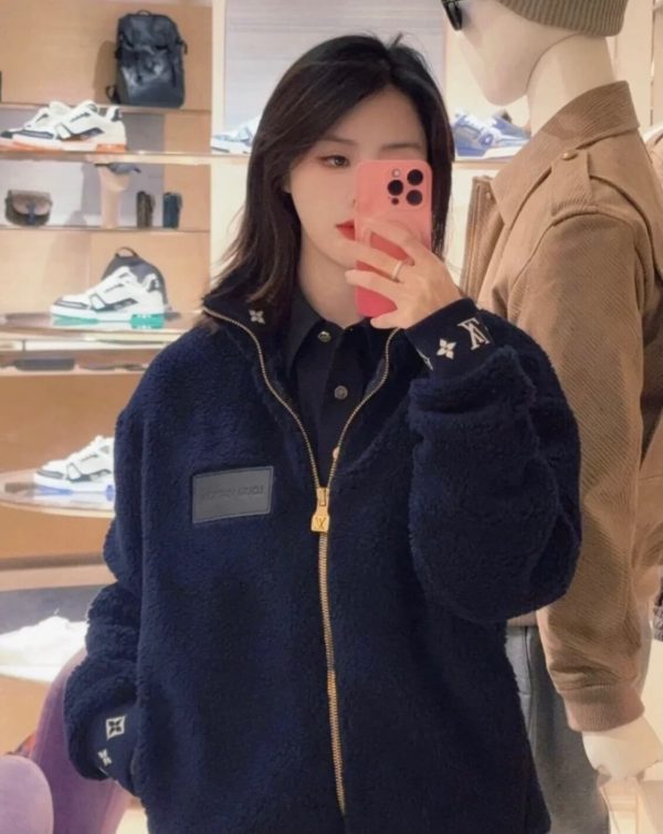 Louis Vuitton Leather Patch Fleece Blouson Jacket- Navy Blue