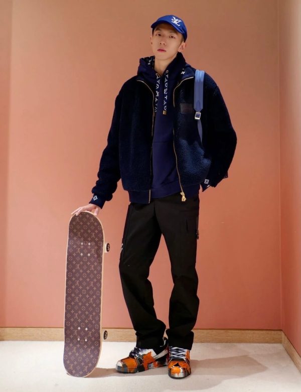 Louis Vuitton Leather Patch Fleece Blouson Jacket- Navy Blue