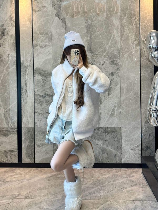 Louis Vuitton Leather Patch Fleece Blouson Jacket- White (1) Louis Vuitton Leather Patch Fleece Blouson Jacket- White