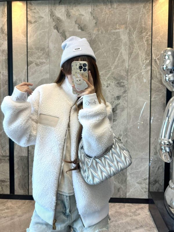 Louis Vuitton Leather Patch Fleece Blouson Jacket- White (2) Louis Vuitton Leather Patch Fleece Blouson Jacket- White