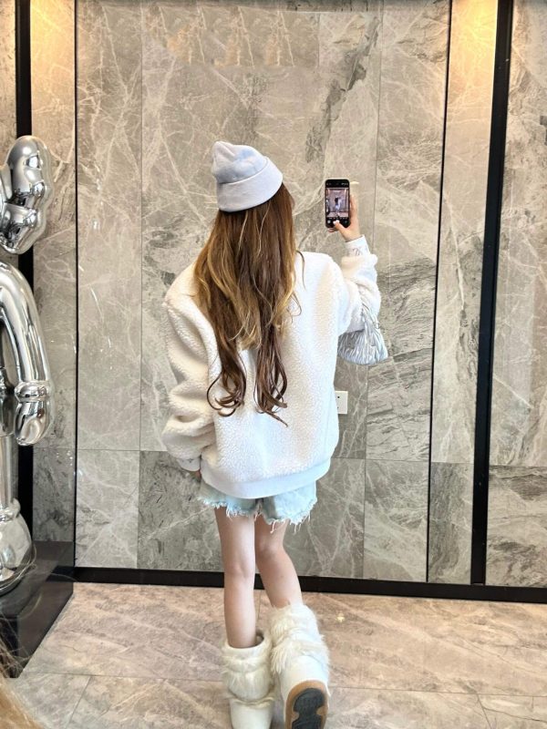 Louis Vuitton Leather Patch Fleece Blouson Jacket- White (4) Louis Vuitton Leather Patch Fleece Blouson Jacket- White