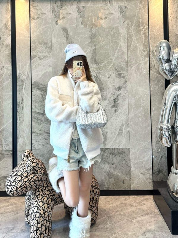 Louis Vuitton Leather Patch Fleece Blouson Jacket- White (5) Louis Vuitton Leather Patch Fleece Blouson Jacket- White