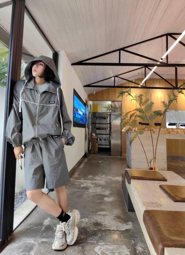 Miu Miu zip-up Hooded Trench Bomber Jacket- Gray