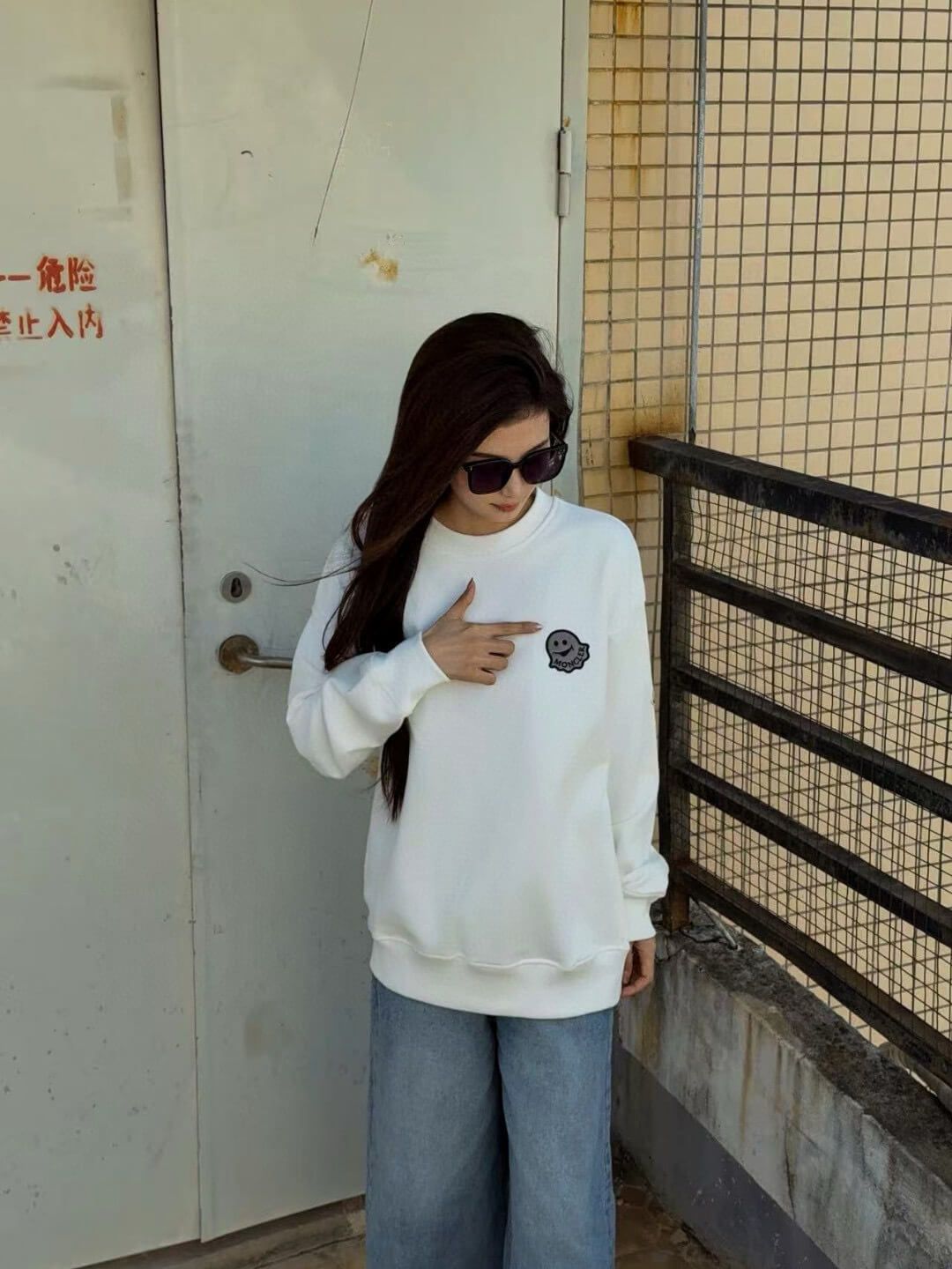 Moncler Logo Patch Crewneck Sweatshirt- Off-White 4 Moncler Logo Patch Crewneck Sweatshirt- Off-White - Image 4