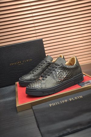 Philipp Plein black real python leather lo-top sneakers.