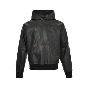Prada Nappa Leather Raglan Hooded Leather Jacket- Black
