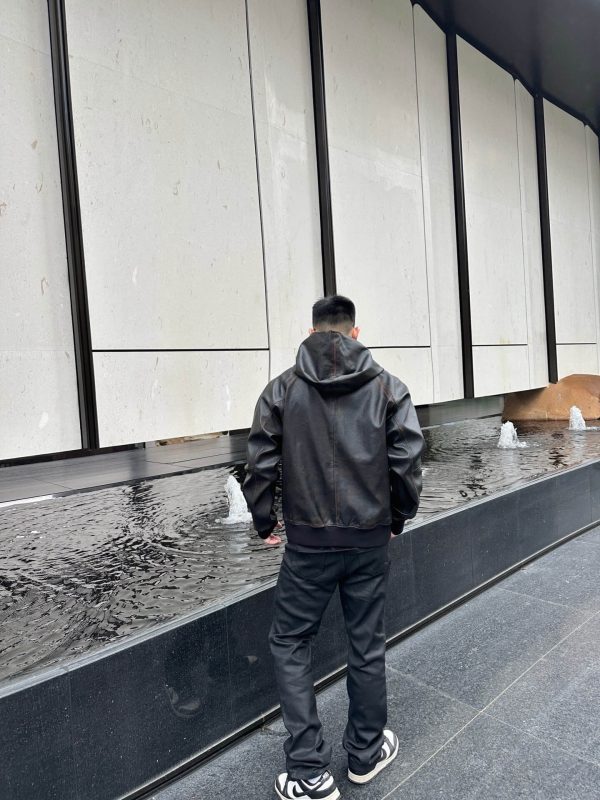 Prada Nappa Leather Raglan Hooded Leather Jacket- Black