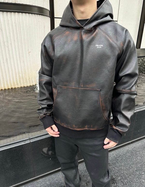 Prada Nappa Leather Raglan Hooded Leather Jacket- Black