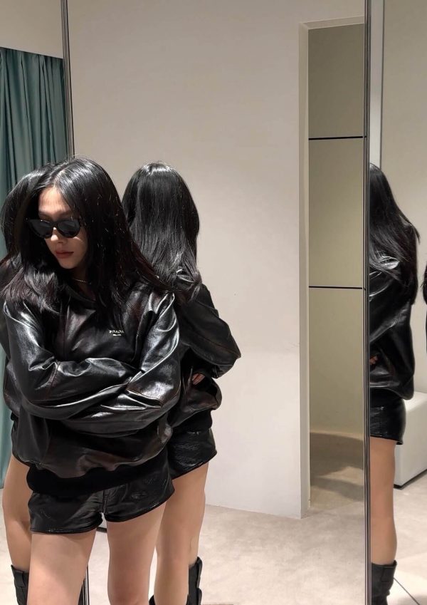 Prada Nappa Leather Raglan Hooded Leather Jacket- Black