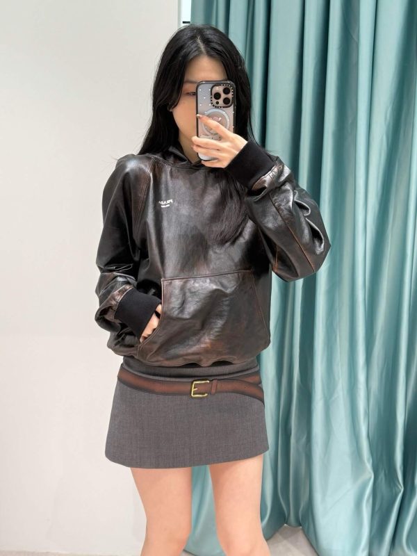 Prada Nappa Leather Raglan Hooded Leather Jacket- Black