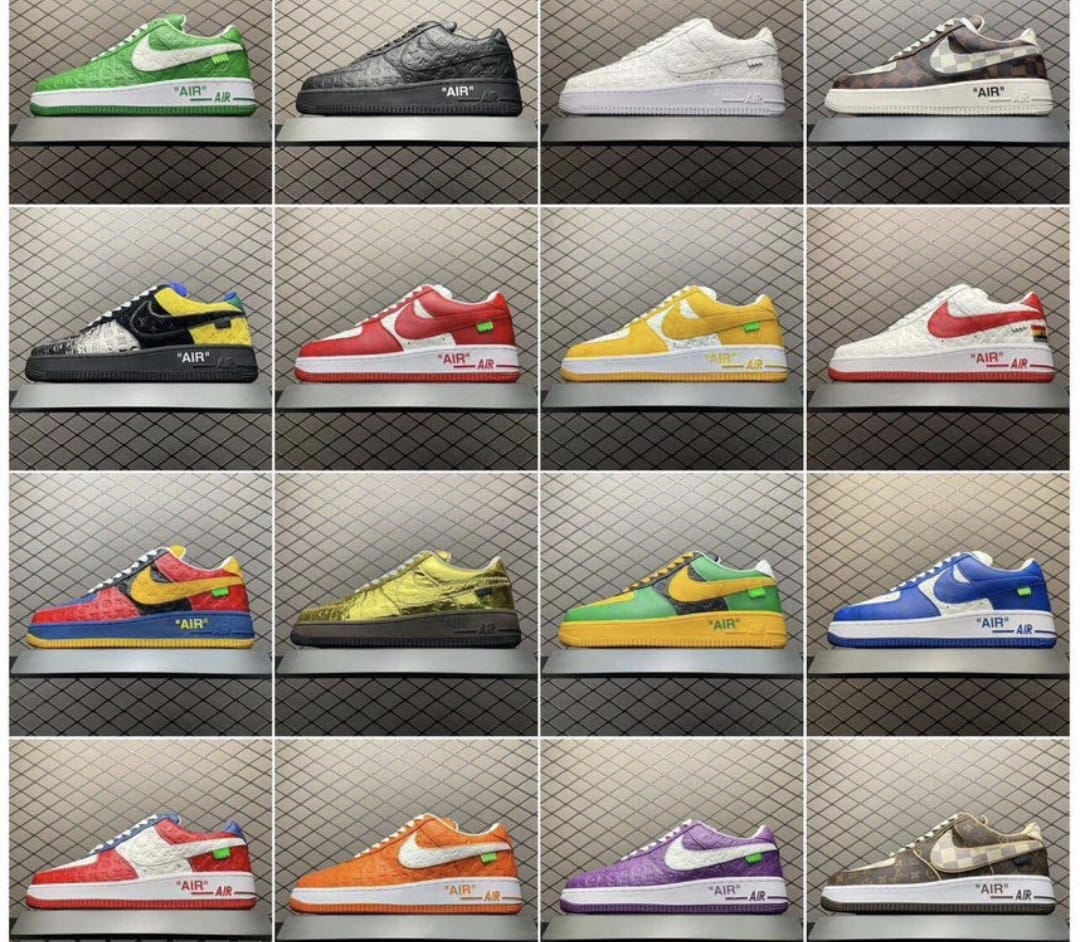 A grid display of all Louis Vuitton X Nike Air Force 1 low top sneakers.