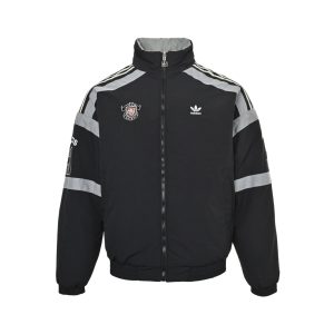 Adidas black zip-up padded jacket with white stripes and logo detailing