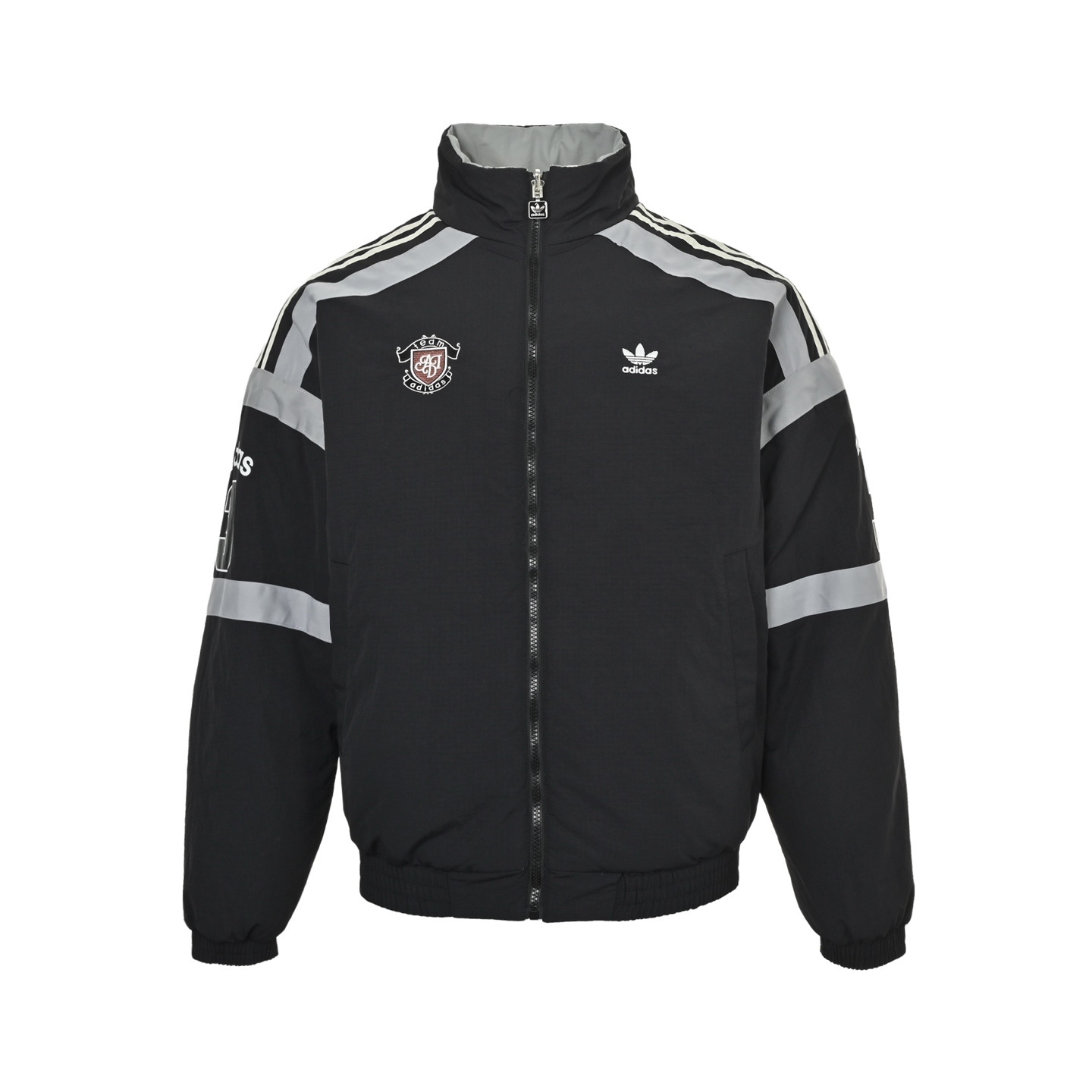 Adidas black zip-up padded jacket with white stripes and logo detailing