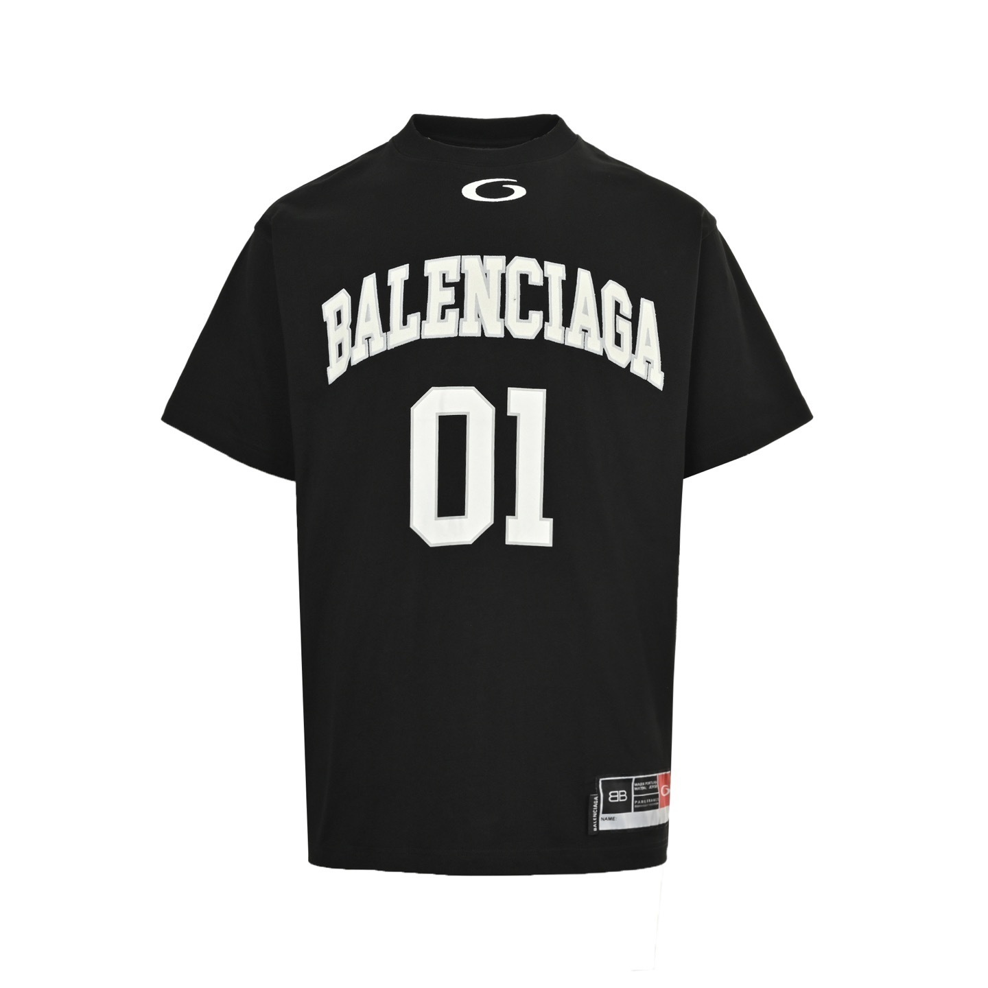 Balenciaga black short-sleeve T-shirt with logo print and number 01 graphic