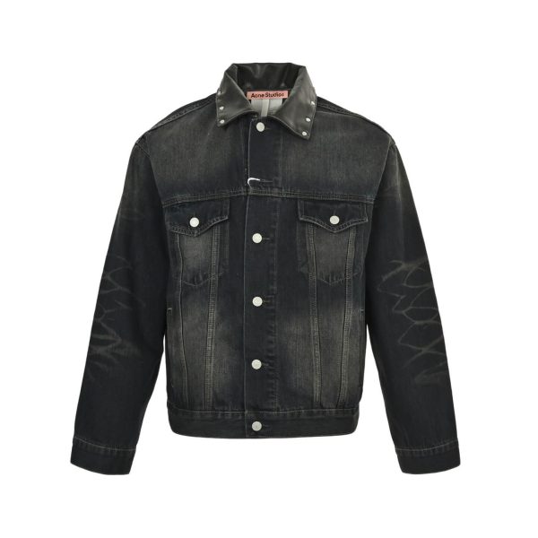 Acne Studios Leather Collar Washed Denim Jacket- Black (10) Acne Studios Leather Collar Washed Denim Jacket- Black