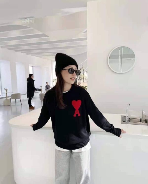 Ami de Cœur Embroidered Heart Logo Crew Neck Sweater – Black.