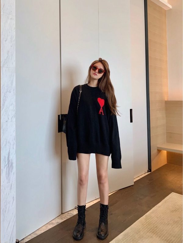 Ami de Cœur Embroidered Heart Logo Crew Neck Sweater – Black.