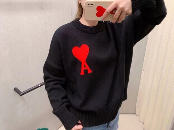 Ami de Cœur Embroidered Heart Logo Crew Neck Sweater – Black.