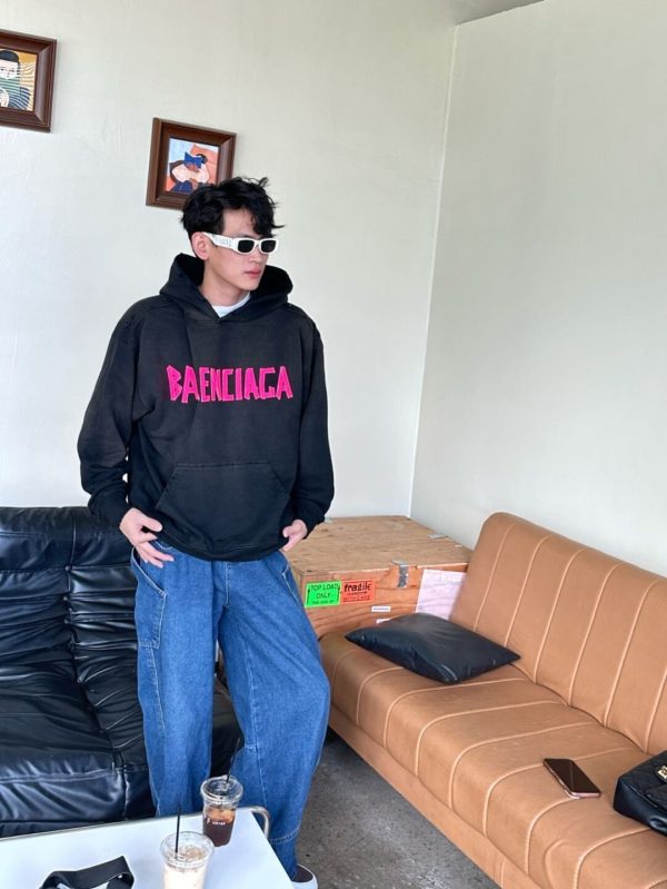 Balenciaga Tape Type Ripped Pocket Hoodie- Black and Pink Logo (4) Balenciaga Tape Type Ripped Pocket Hoodie- Black and Pink Logo.