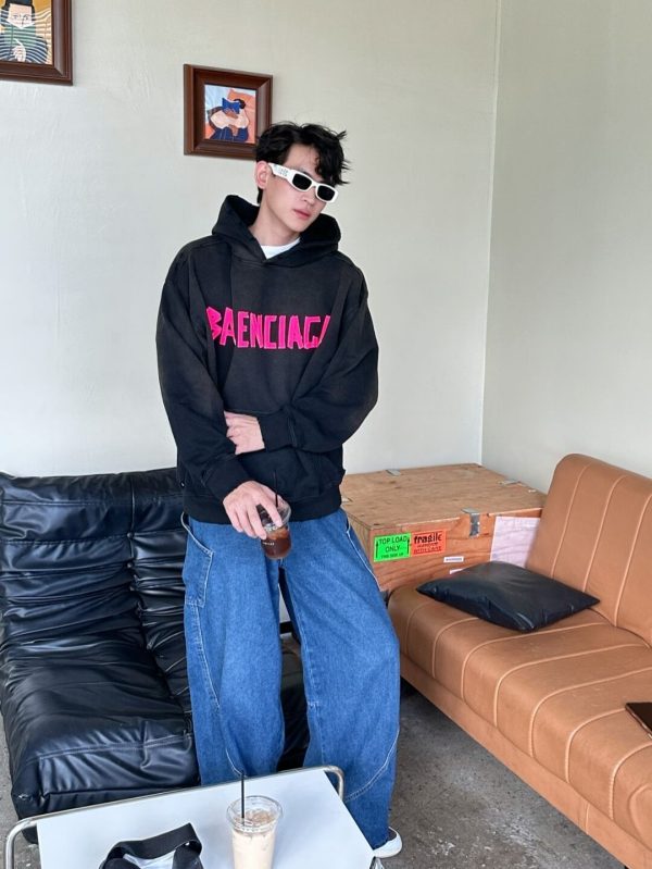 Balenciaga Tape Type Ripped Pocket Hoodie- Black and Pink Logo (5) Balenciaga Tape Type Ripped Pocket Hoodie- Black and Pink Logo.