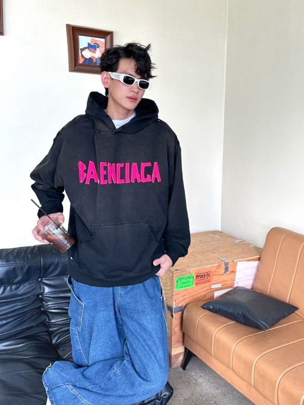Balenciaga Tape Type Ripped Pocket Hoodie- Black and Pink Logo (6) Balenciaga Tape Type Ripped Pocket Hoodie- Black and Pink Logo.