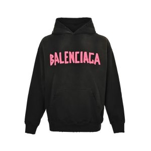 Balenciaga Tape Type Ripped Pocket Hoodie- Black and Pink Logo.