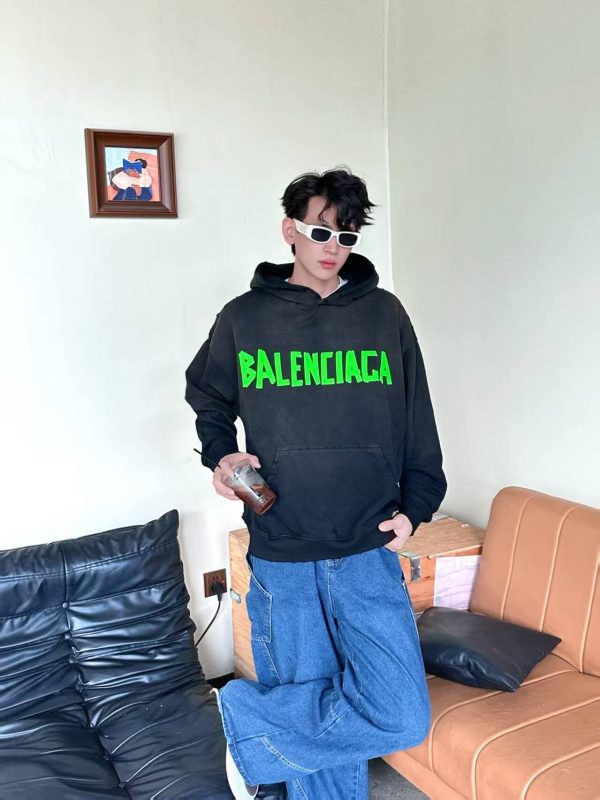 Balenciaga Tape Type Ripped Pocket Hoodie- Green Logo (1) Balenciaga Tape Type Ripped Pocket Hoodie- Green Logo