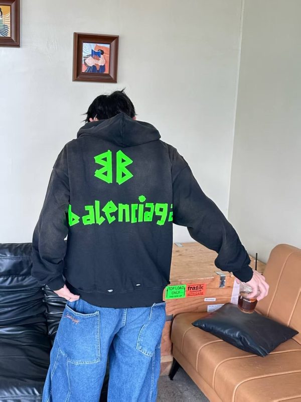 Balenciaga Tape Type Ripped Pocket Hoodie- Green Logo (2) Balenciaga Tape Type Ripped Pocket Hoodie- Green Logo
