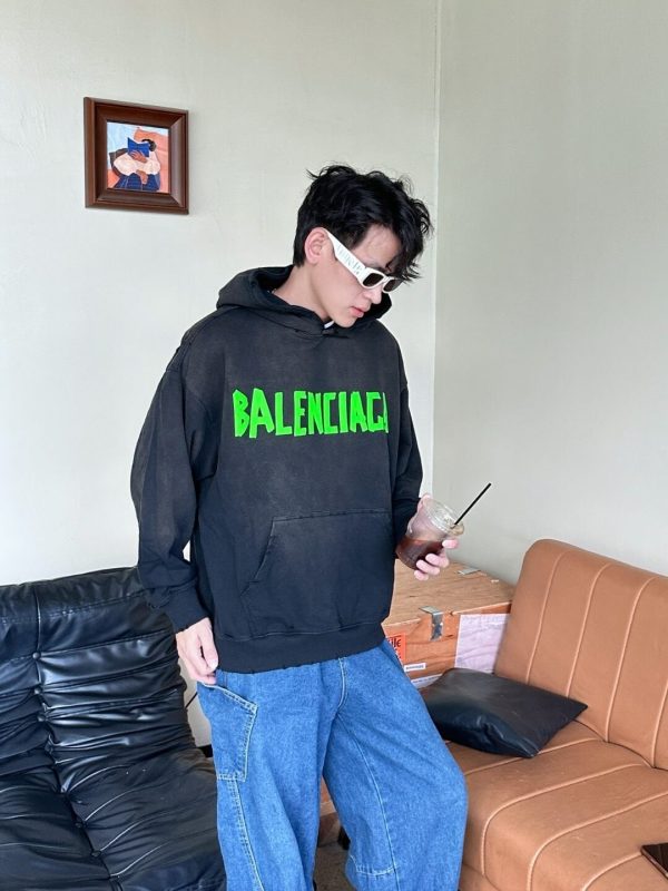 Balenciaga Tape Type Ripped Pocket Hoodie- Green Logo (3) Balenciaga Tape Type Ripped Pocket Hoodie- Green Logo