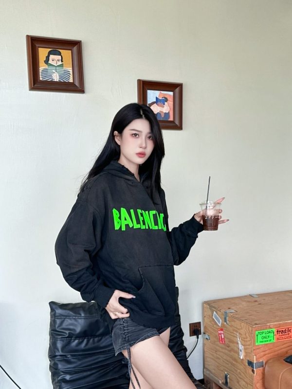 Balenciaga Tape Type Ripped Pocket Hoodie- Green Logo (4) Balenciaga Tape Type Ripped Pocket Hoodie- Green Logo